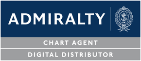 Logotipo del Almirantazgo, con texto blanco sobre fondo azul y un escudo, con las etiquetas Agente de Cartas Náuticas y Distribuidor Digital.
