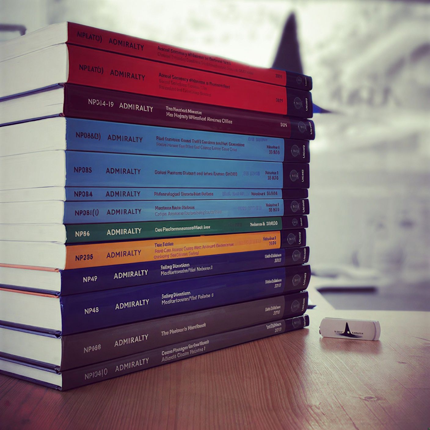 Una pila de coloridos libros náuticos del Almirantazgo reposa sobre una superficie de madera junto a un pequeño velero blanco en miniatura.