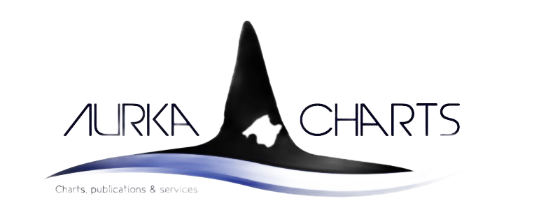 Logotipo de Aurka Charts que muestra la silueta de una aleta de tiburón negra sobre una ola azul, con el texto 