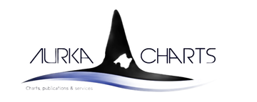 Logotipo de Aurka Charts que muestra la silueta de una aleta de tiburón negra sobre una ola azul, con el texto 