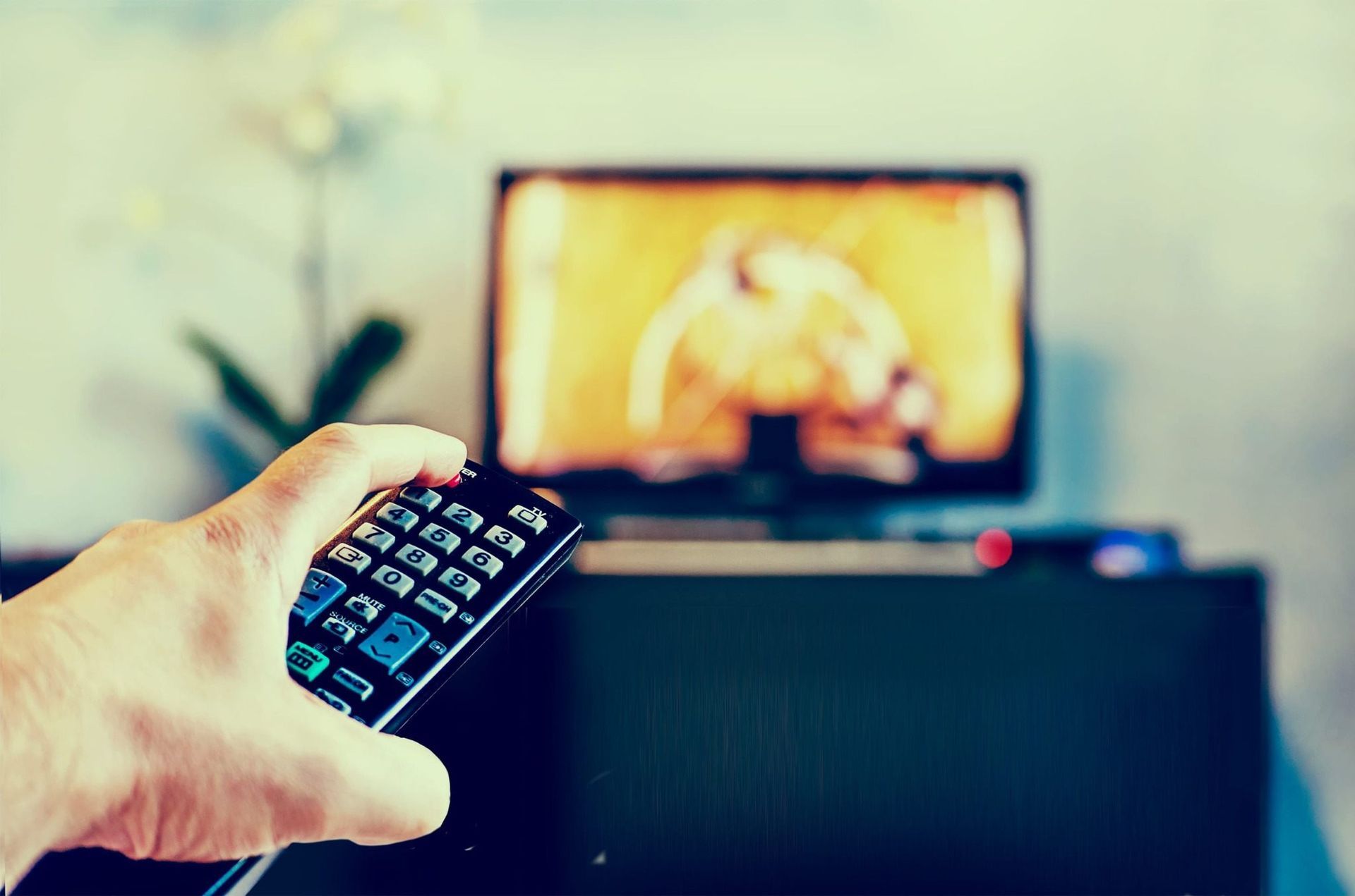 Una mano sostiene un control remoto apuntando a un televisor que muestra un tigre en la pantalla borrosa.