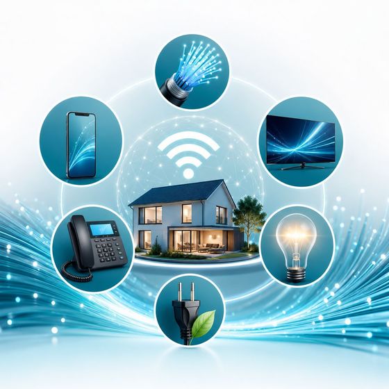 Casa inteligente con Wi-Fi, rodeada de dispositivos conectados e iconos de red brillantes sobre un fondo azul.