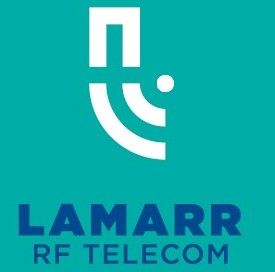 Logotipo de LAMARR RF TELECOM sobre fondo turquesa, con icono abstracto blanco y texto azul.
