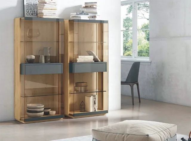 Una sala de estar con dos estantes de vidrio y una silla.