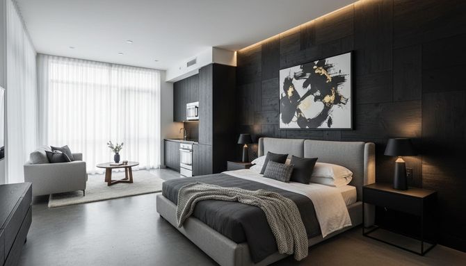 Un dormitorio con cama, escritorio, silla y ventana.