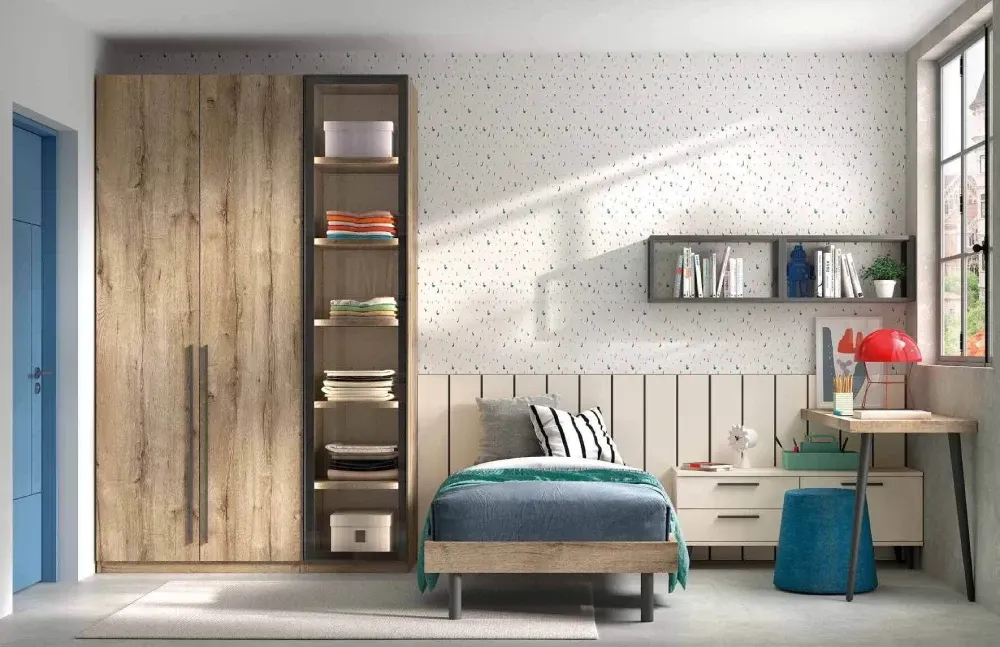 Un dormitorio con una cama individual, escritorio, armario y estantería.
