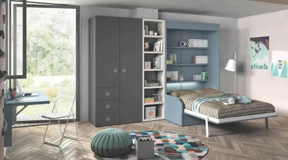 Un dormitorio con una cama, un escritorio, un armario y una alfombra.