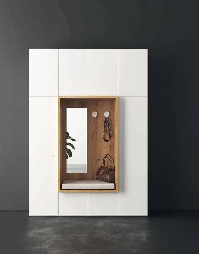 Un armario con un espejo y un bolso dentro.