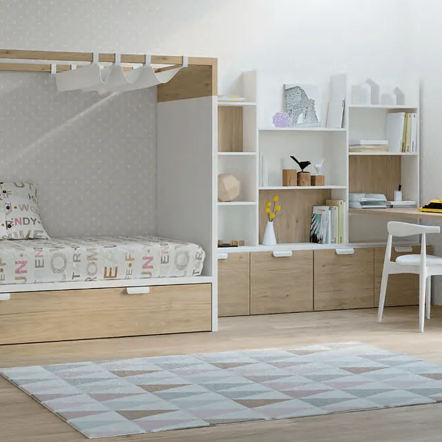 Un dormitorio infantil con una litera y una alfombra.