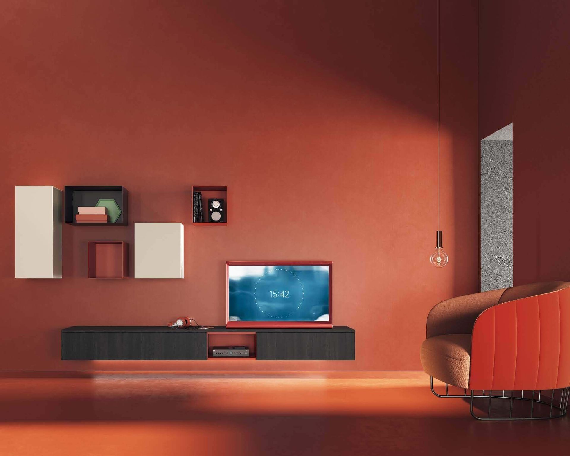 Una sala de estar con un sofá y un televisor en un soporte.