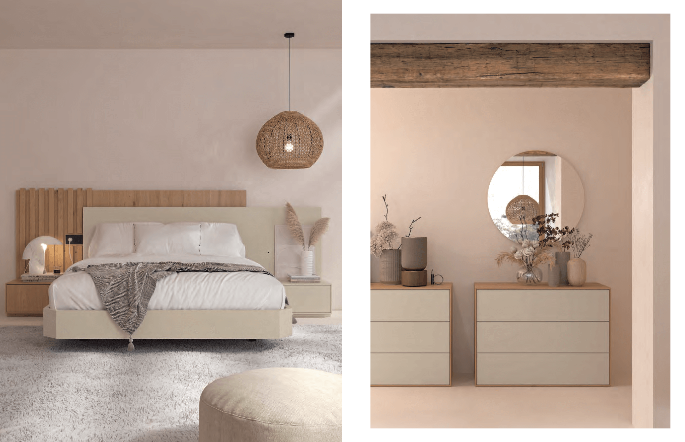 Un dormitorio con cama, tocador y espejo.