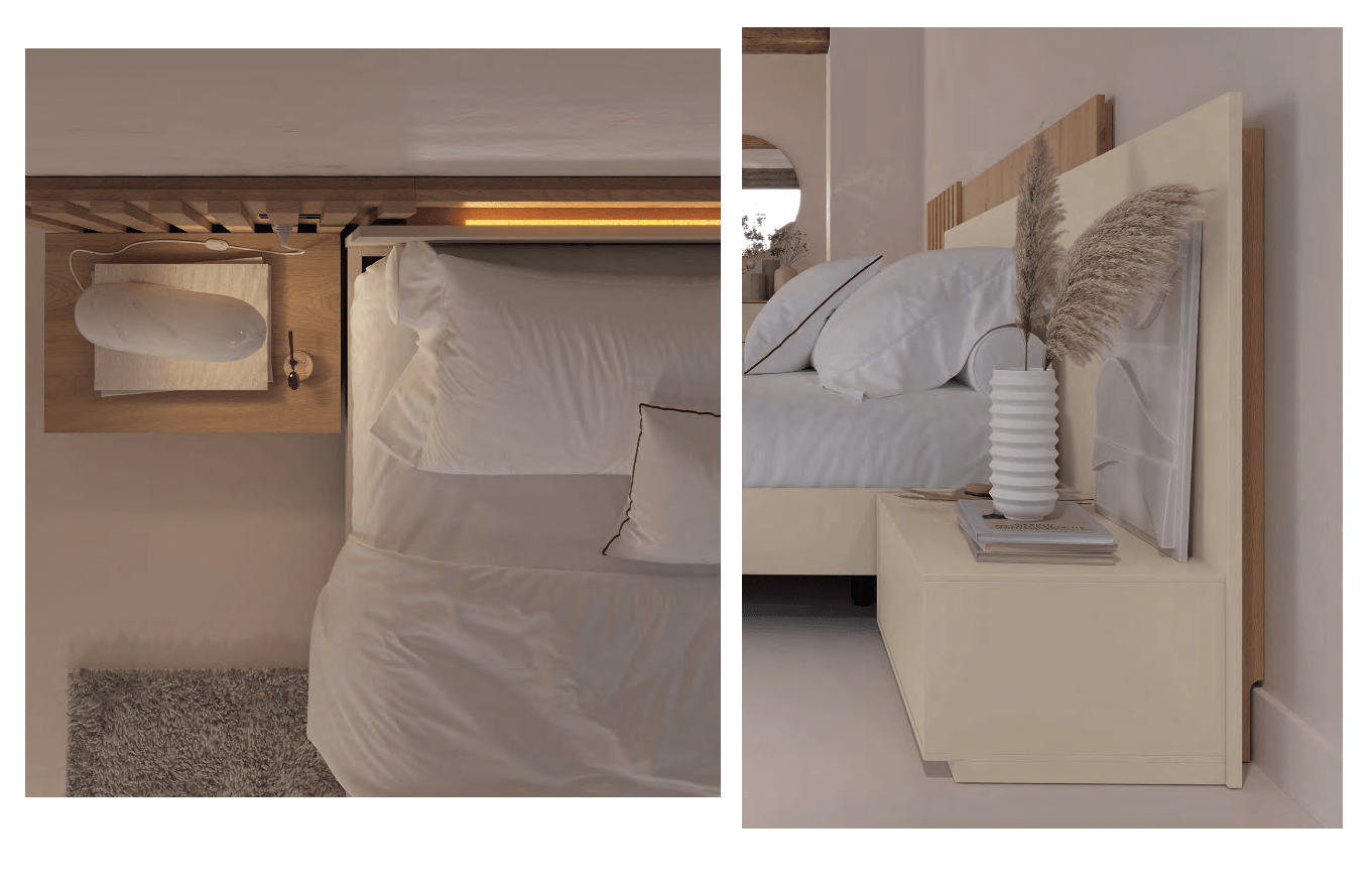 Dos fotografías de un dormitorio con una cama y una mesita de noche.