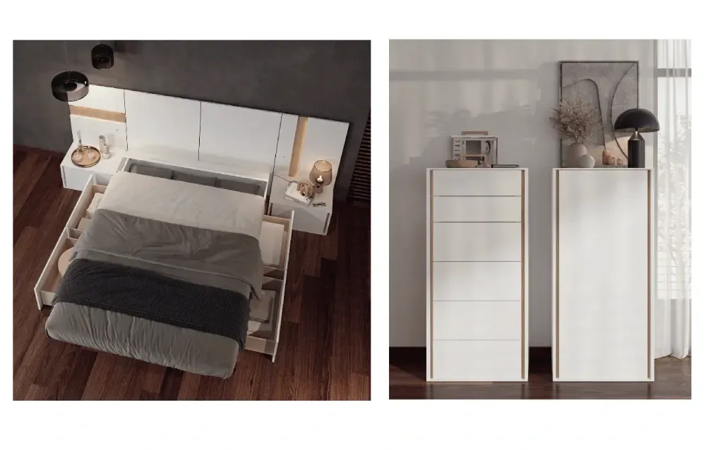Un dormitorio con una cama, mesita de noche y tocador.
