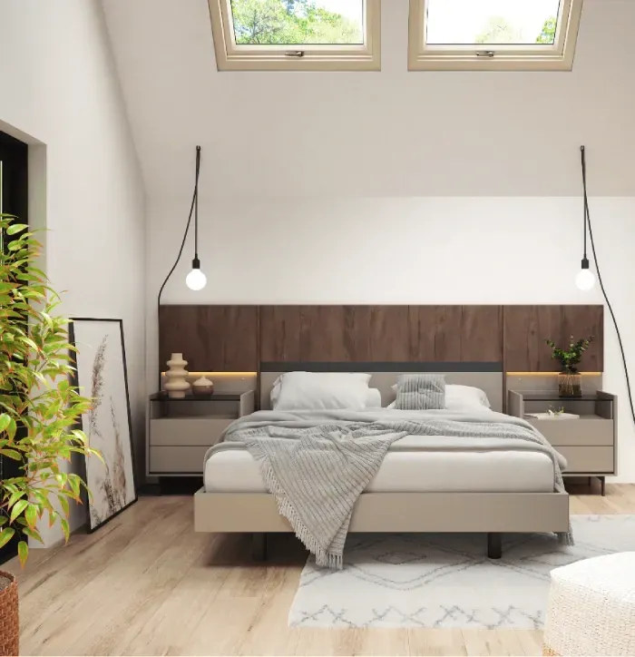 Un dormitorio con una cama grande y dos ventanas.