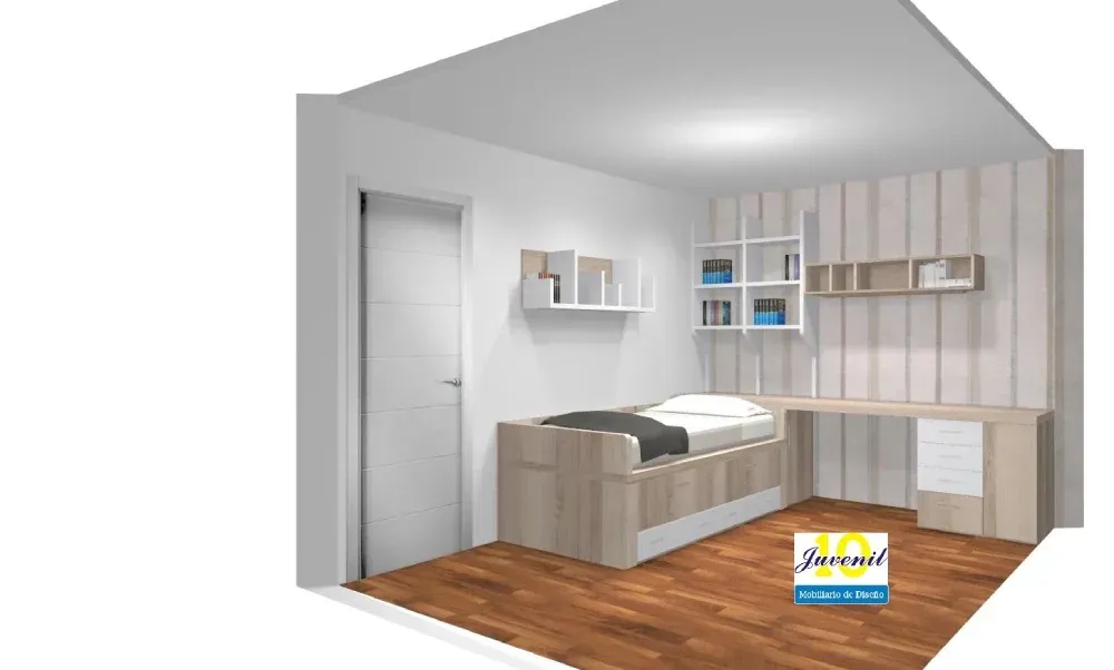 Una representación 3D de un dormitorio con una cama y un escritorio.