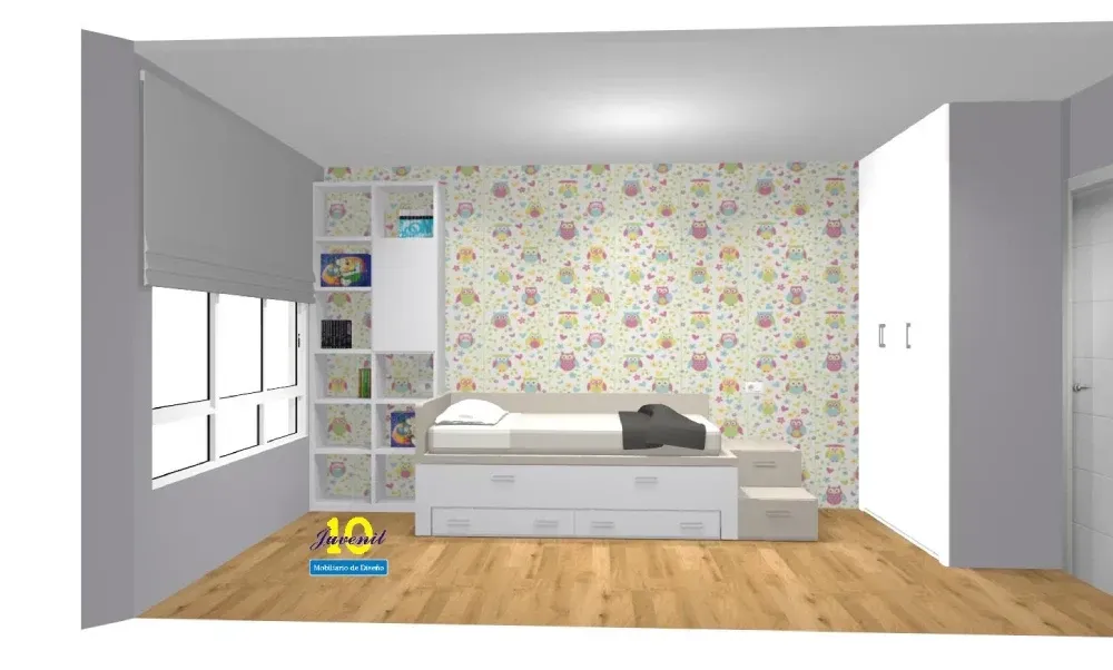 Un dormitorio con una cama, estanterías y una ventana.