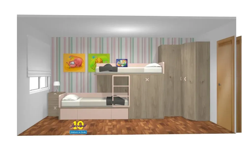Un dormitorio con una litera y un armario.