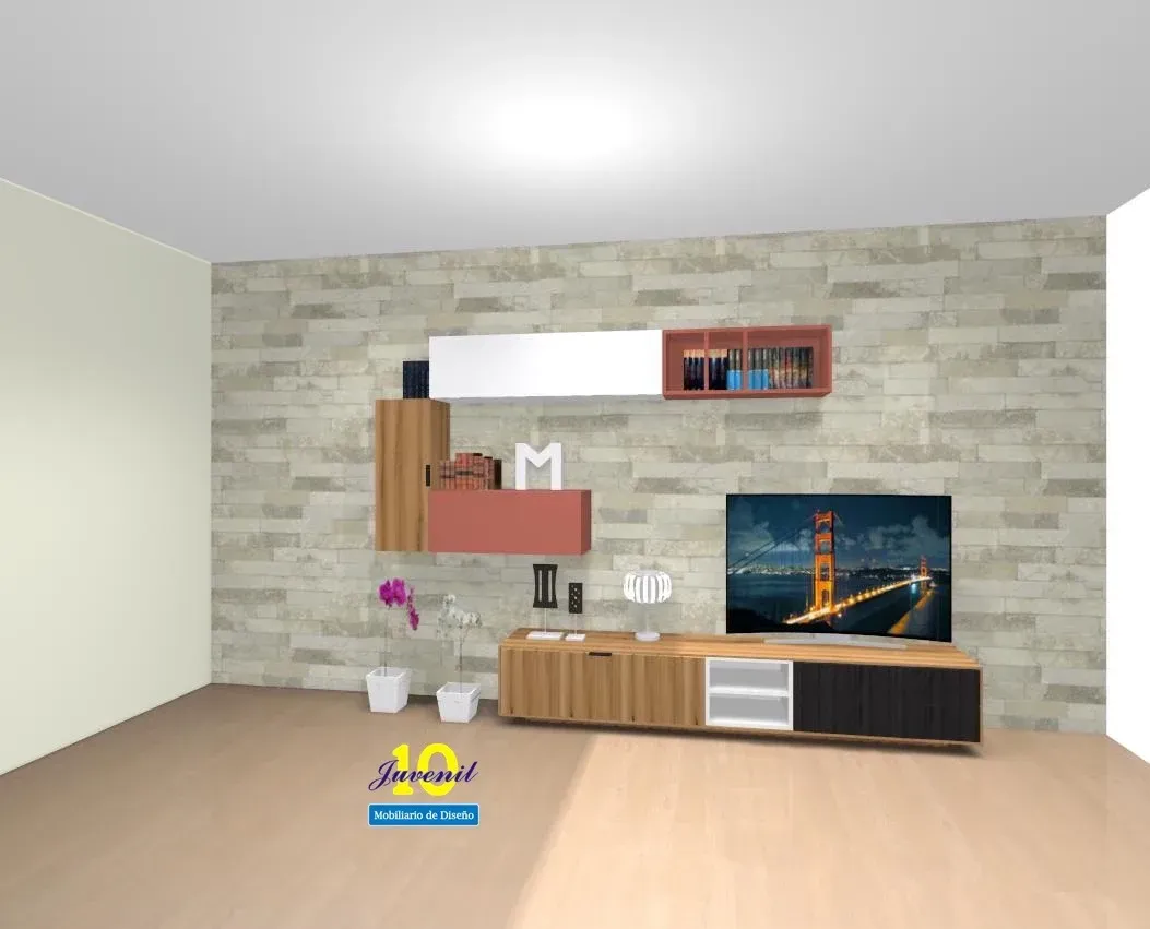 Una imagen generada por computadora de una sala de estar con un televisor.