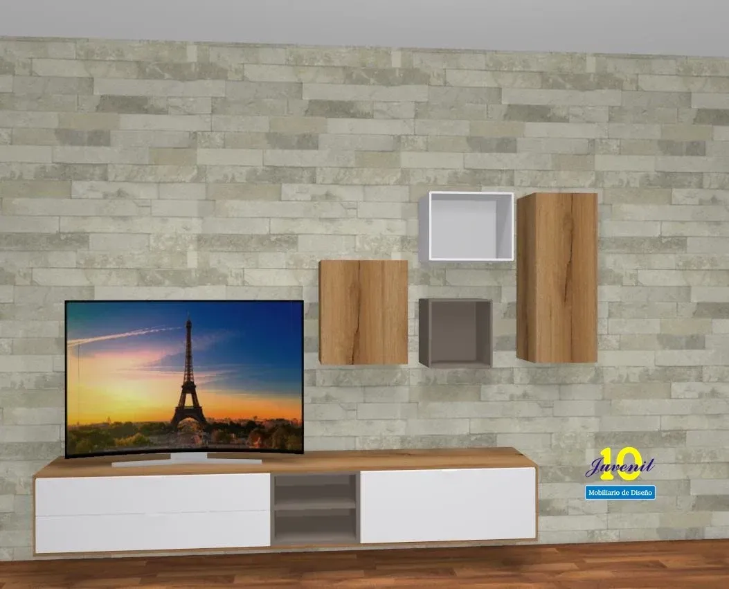 Una sala de estar con una pared de ladrillo y un televisor de pantalla plana.