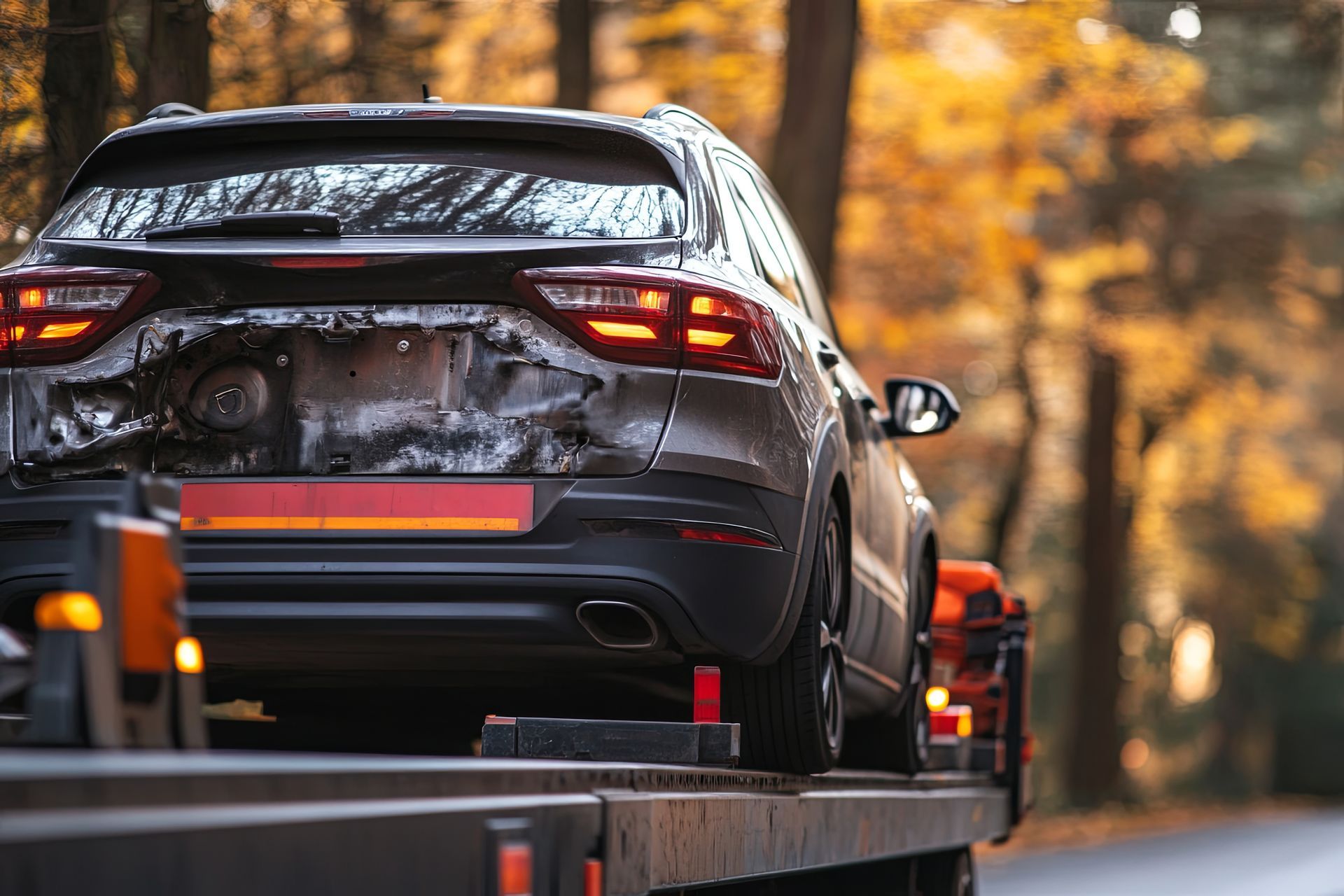 Ein beschädigtes Auto wird von einem Abschleppwagen abgeschleppt.