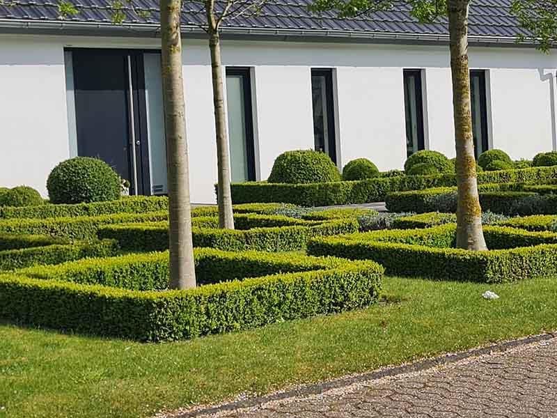 Ein weißes Haus mit einem üppigen grünen Garten davor.