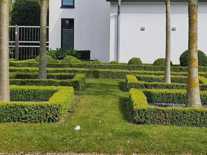 Ein weißes Haus mit einem Garten davor