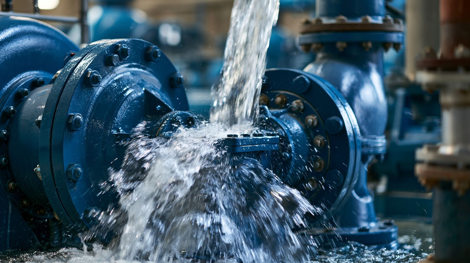Blaues industrielles Wasserventil, das in einer Fabrikumgebung Wasser versprüht