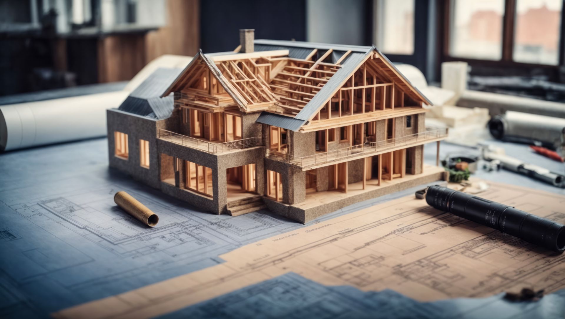 Architekturmodell eines Hauses nach Bauplänen, mit Werkzeugen und einem Stift auf einem Zeichentisch