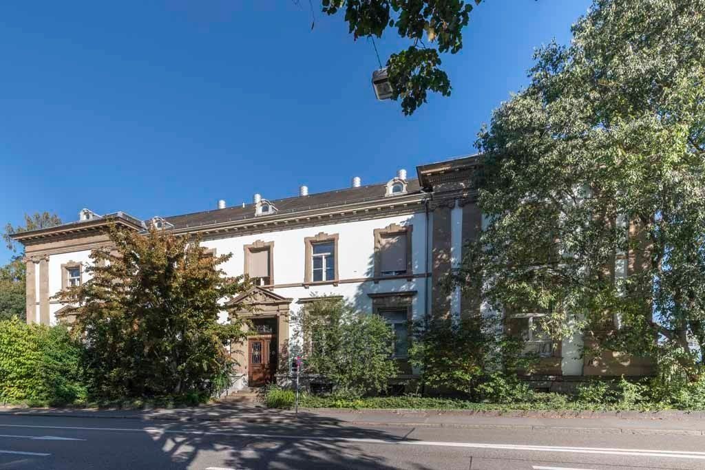 Großes, weißes zweistöckiges Haus mit Bäumen und Sträuchern an einer sonnigen Straße