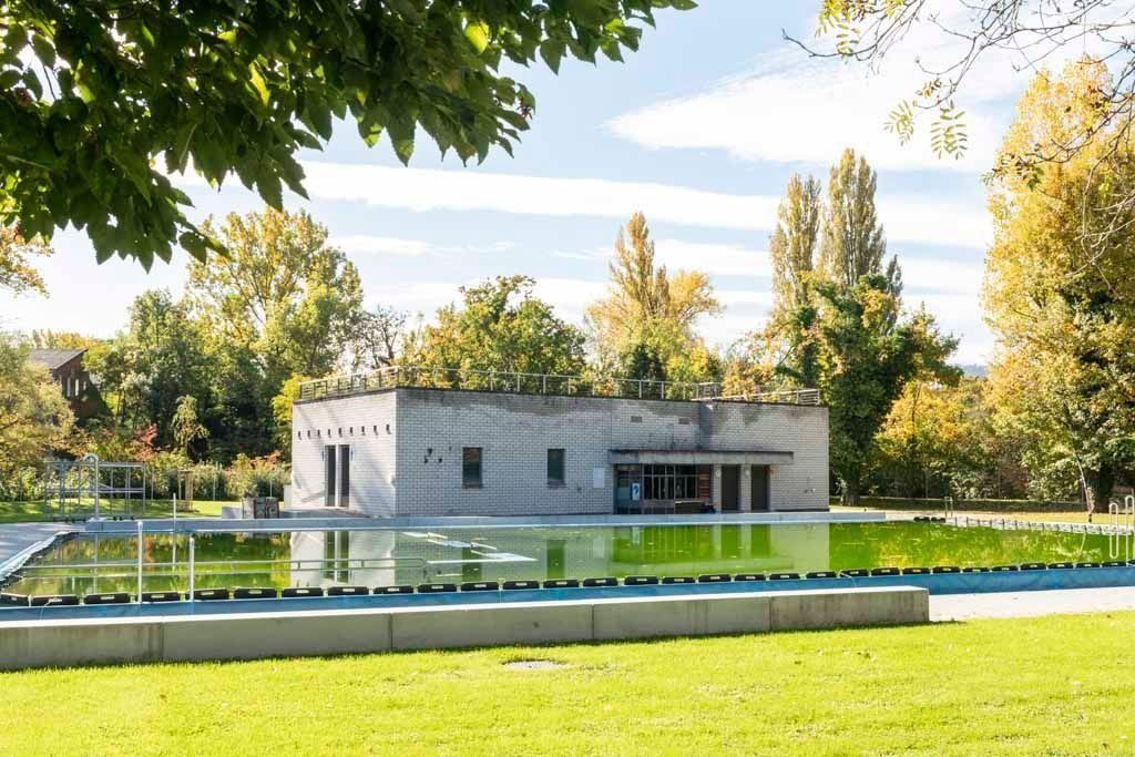 Modernes Betongebäude neben einem spiegelnden Teich in einem sonnigen Park mit grünen Rasenflächen und Bäumen