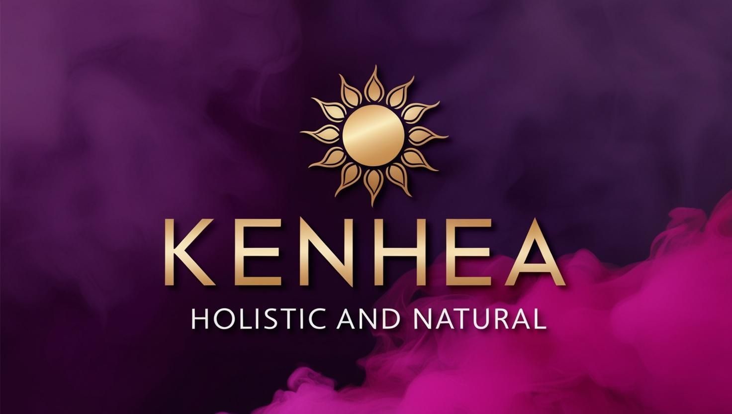 Logotipo para Kenhea, marca de salud hol&iacute;stica y natural. Efecto sol dorado, texto dorado sobre fondo morado.