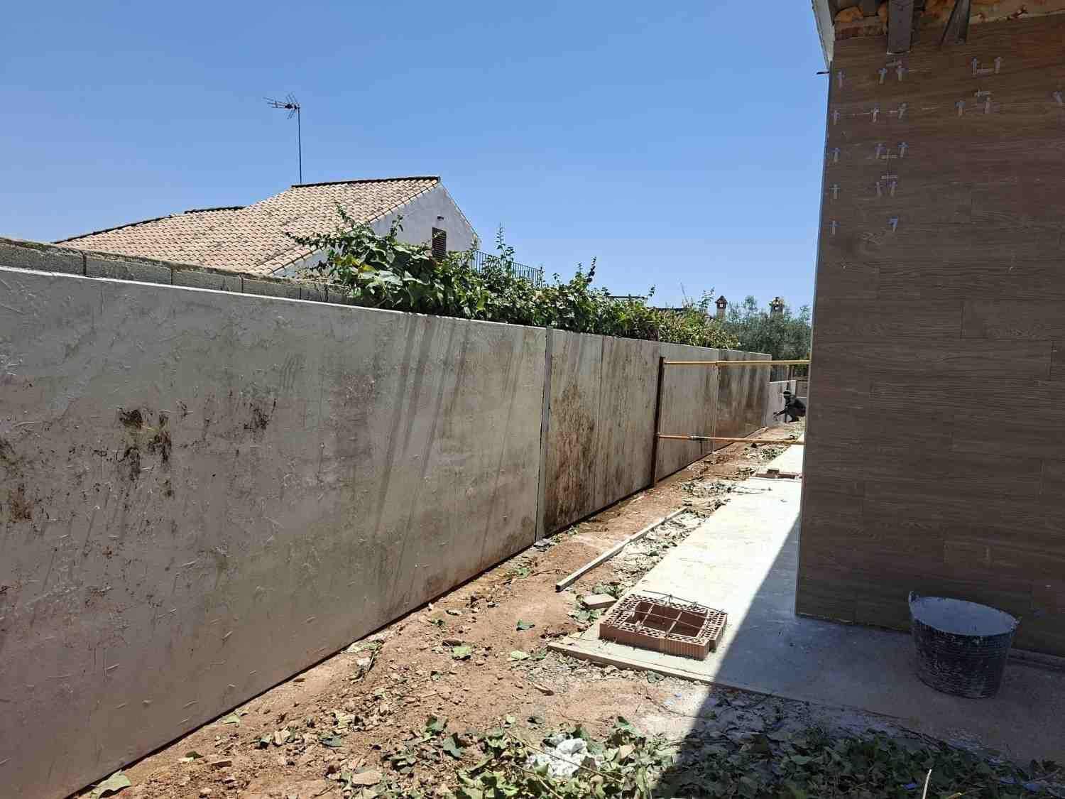 Estrecho patio lateral exterior con un largo muro de hormigón, un camino de tierra y un edificio de ladrillo a la derecha.