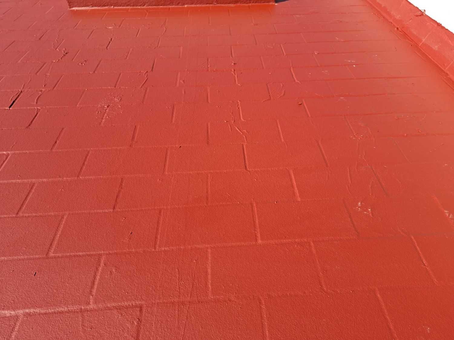 Sendero de ladrillos pintados de rojo con superficie brillante y borde elevado.