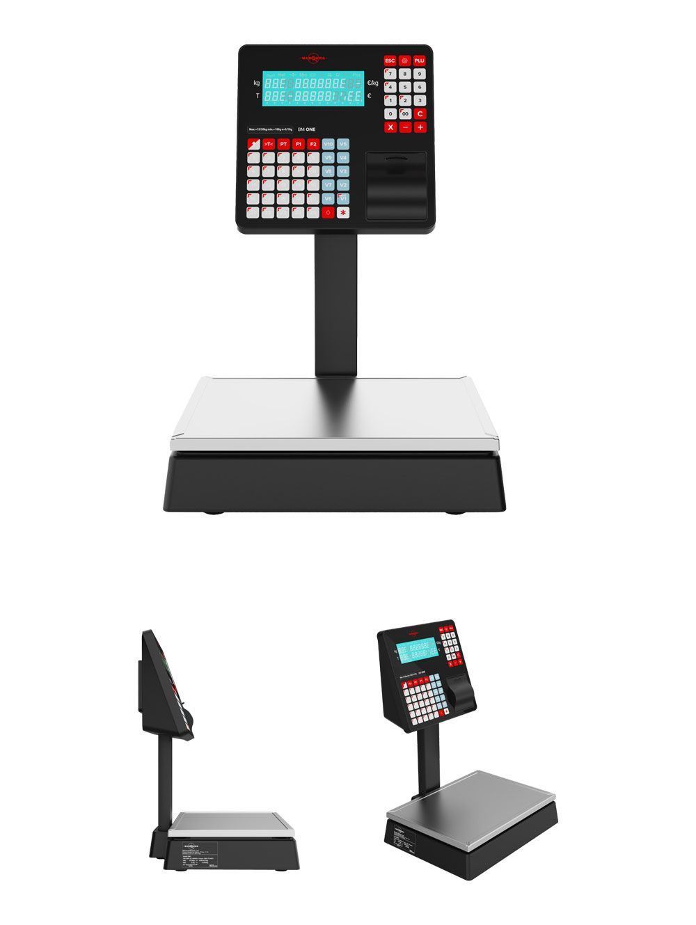 Balanza de caja para comercios con pantalla digital y teclado sobre una base blanca, mostrada desde vistas frontal y angular.