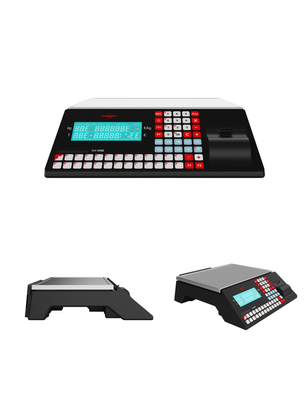 Panel de control electrónico negro con pantalla color turquesa y botones rojos y blancos, mostrado desde las vistas frontal y lateral.