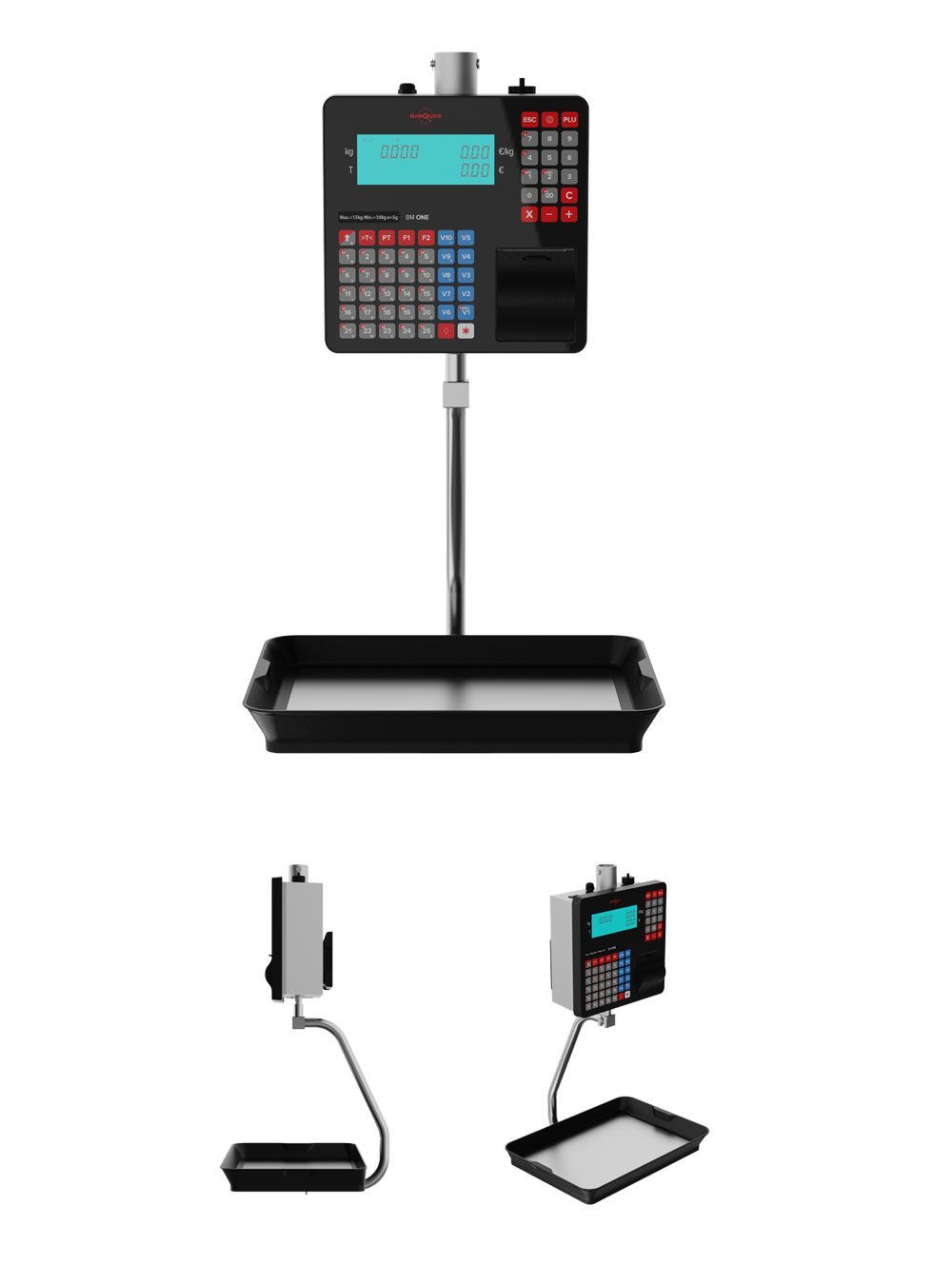 Balanza digital de suelo con base negra, pantalla montada en poste y teclado rojo, mostrada desde vistas frontal y lateral.