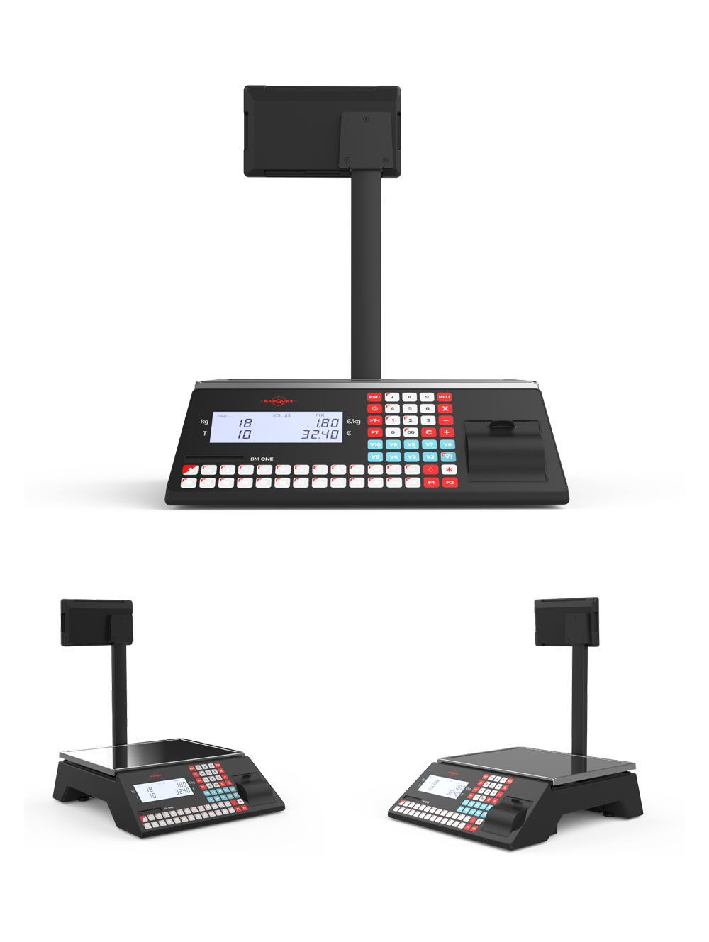 Caja registradora electrónica negra con pantalla en relieve, mostrada en vistas frontal y lateral en ángulo.
