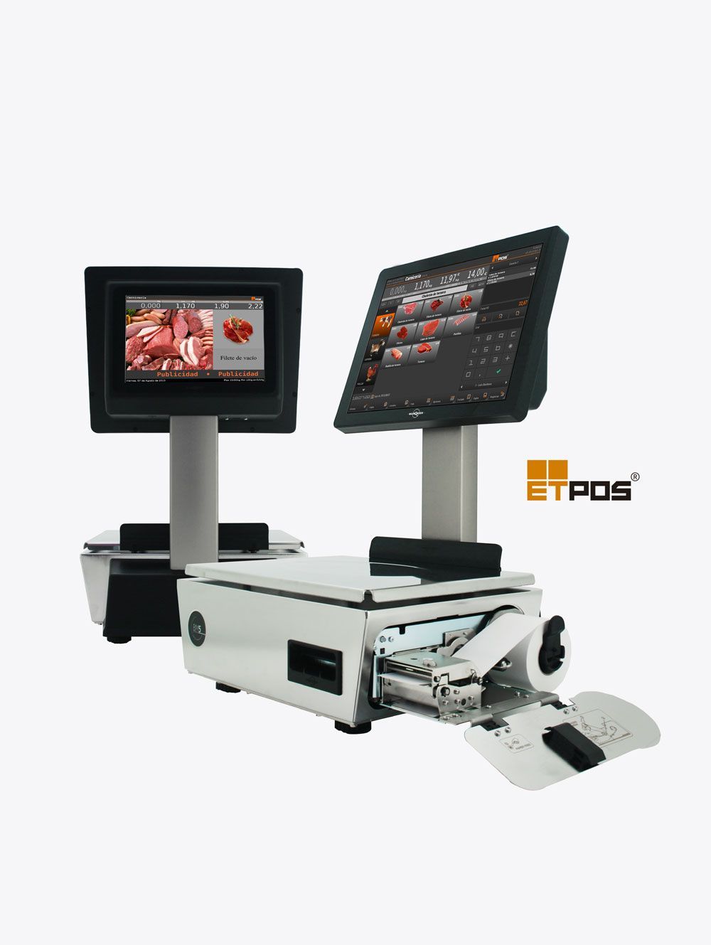 Carro de imágenes médicas en blanco y negro con dos monitores y un teclado sobre una base con ruedas.