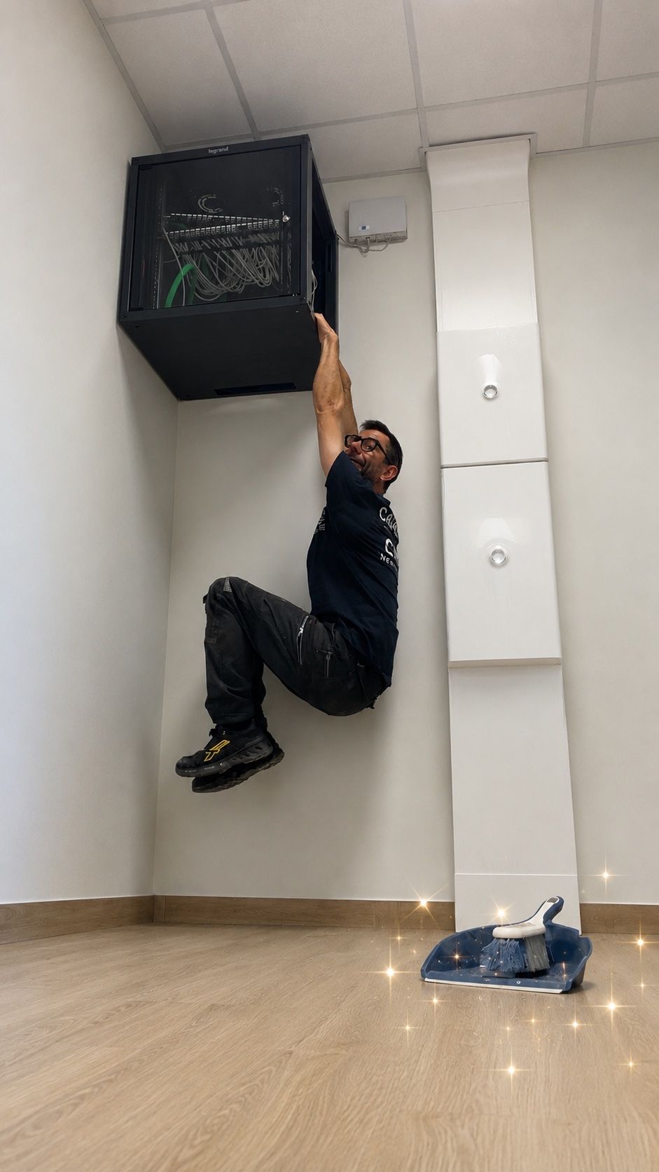 Une personne escalade un mur à côté d'un tableau dans une pièce, tendant le bras vers le haut.