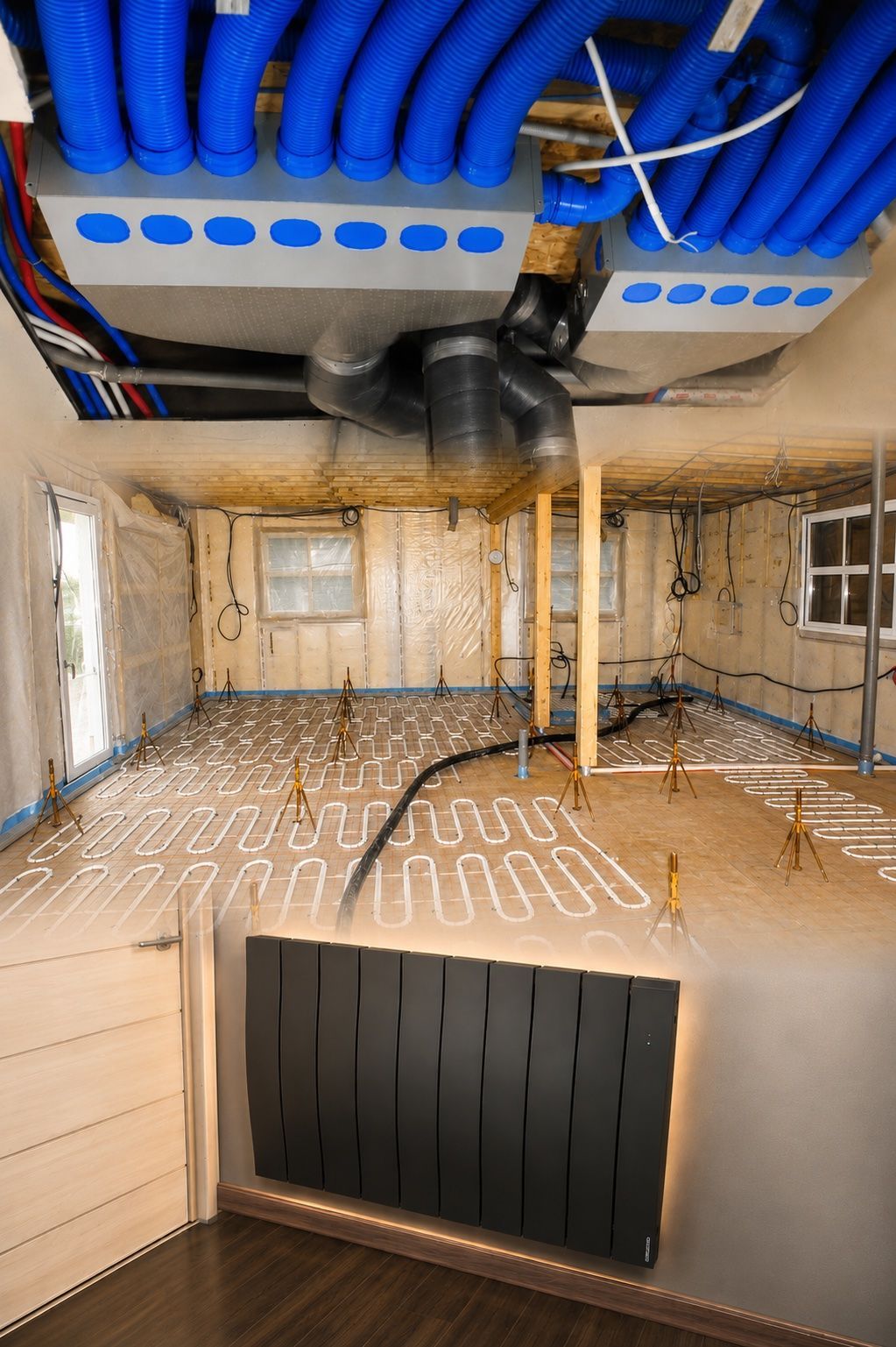 Pièce intérieure en construction avec conduits de plafond, boucles de chauffage au sol et murs apparents.