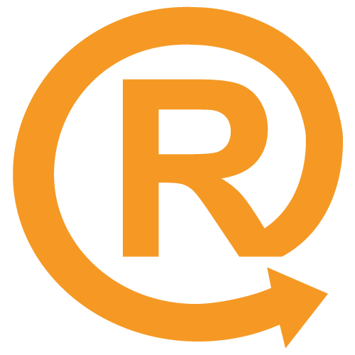 "R" naranja en un círculo con una flecha, que indica una marca registrada.