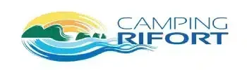 Un logotipo para un camping con una montaña y olas.