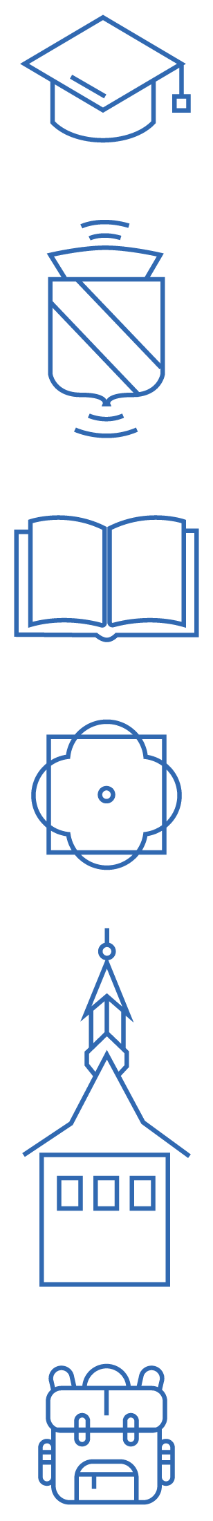 Icônes linéaires : toque de diplômé, cylindre, livre ouvert, forme de fleur, bâtiment, robot.