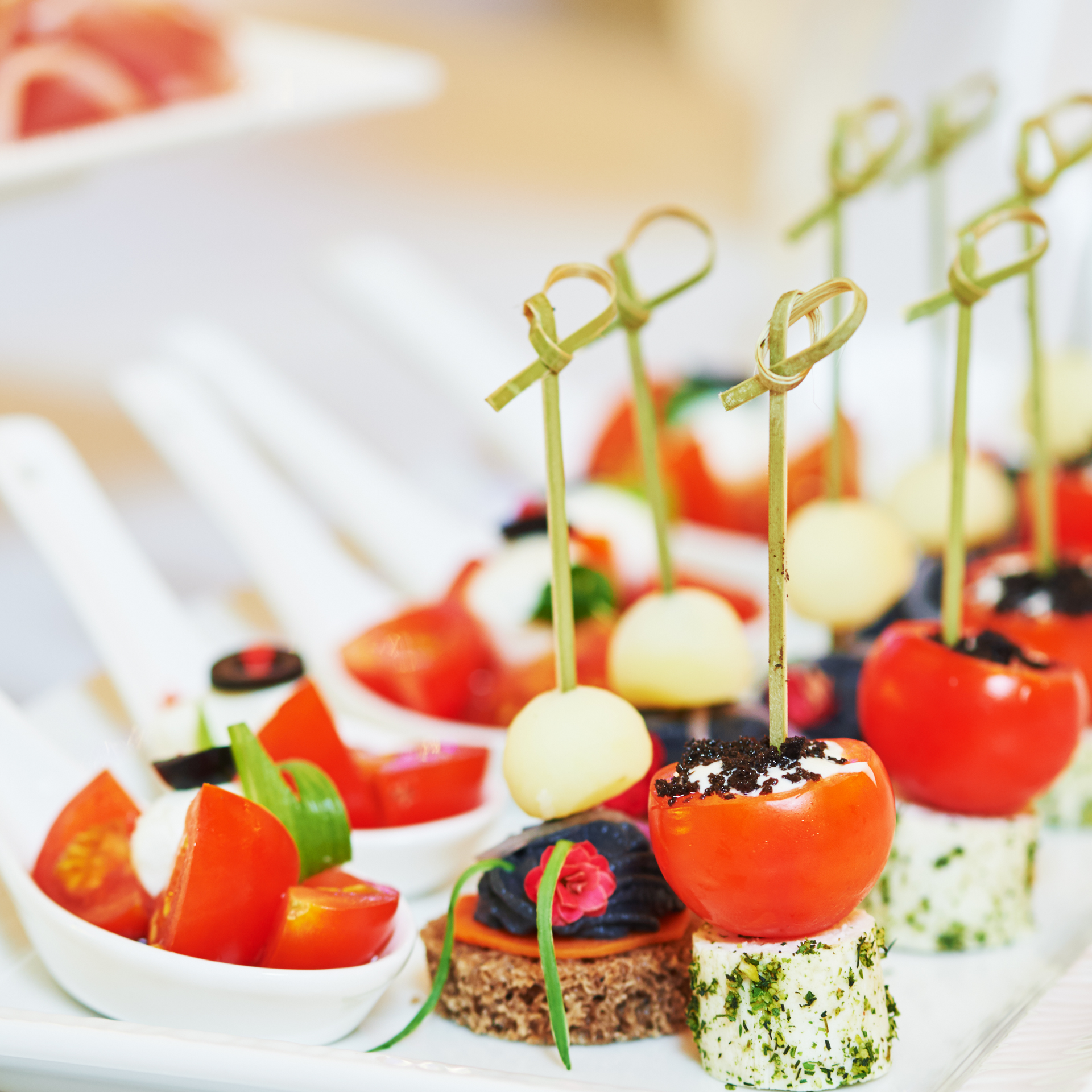 Un plato de comida con tomates y queso en palillos.
