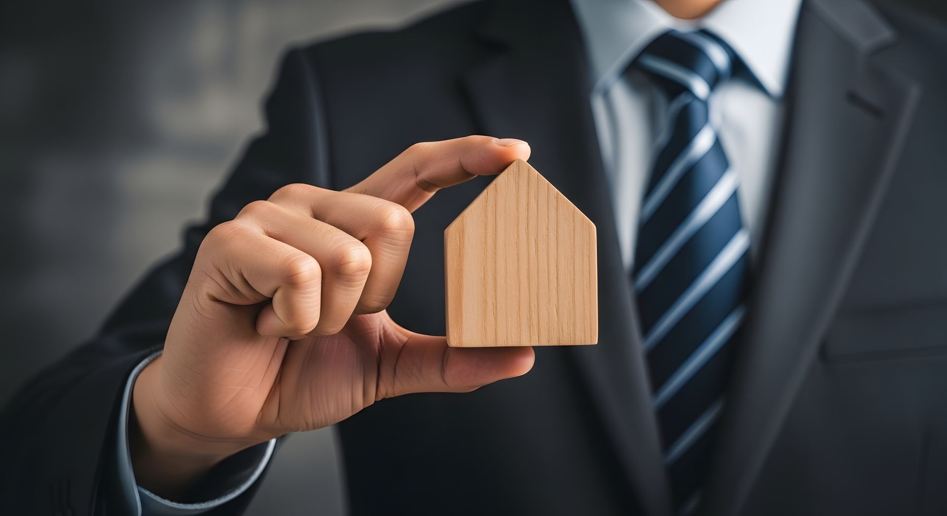Homme en costume tenant une petite maquette de maison en bois, symbolisant l'immobilier ou la propriété d'une maison.