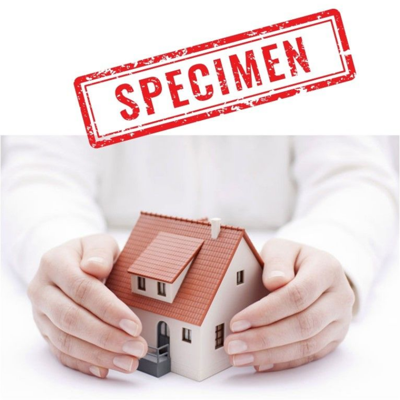 Mains tenant une maison miniature avec une mention écrite en tampon : SPECIMEN