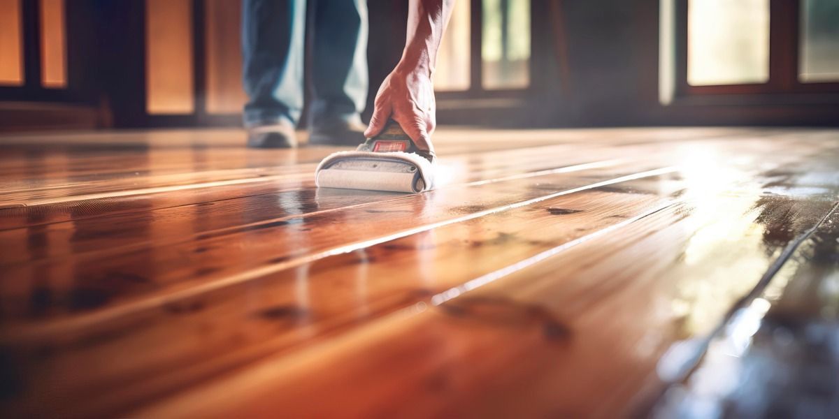 Una persona está limpiando un piso de madera con un trapeador.