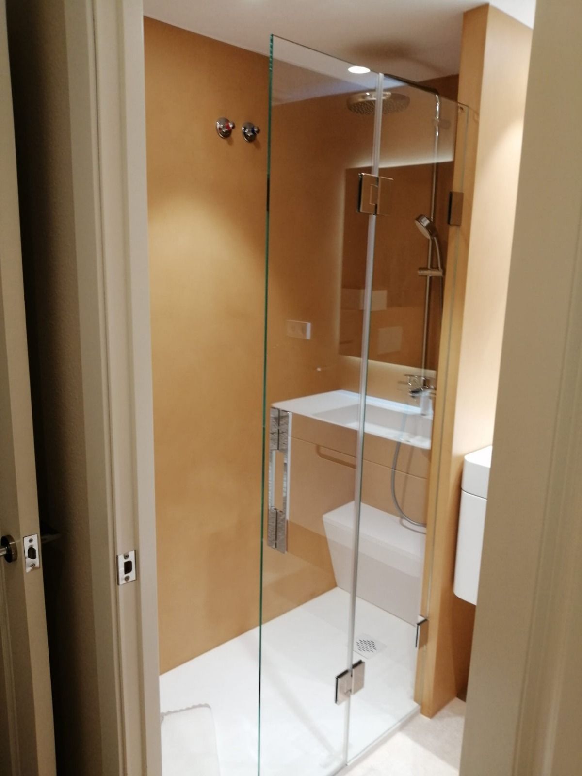 Baño con mampara de cristal, lavabo y paredes de color neutro. El marco de la puerta y los accesorios son visibles.