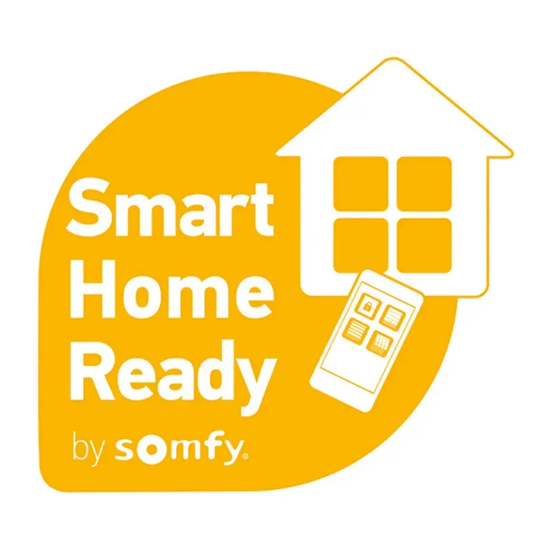 Smart Home Ready-Logo von Somfy mit gelbem Haus, weißem Text und Fernbedienungssymbol