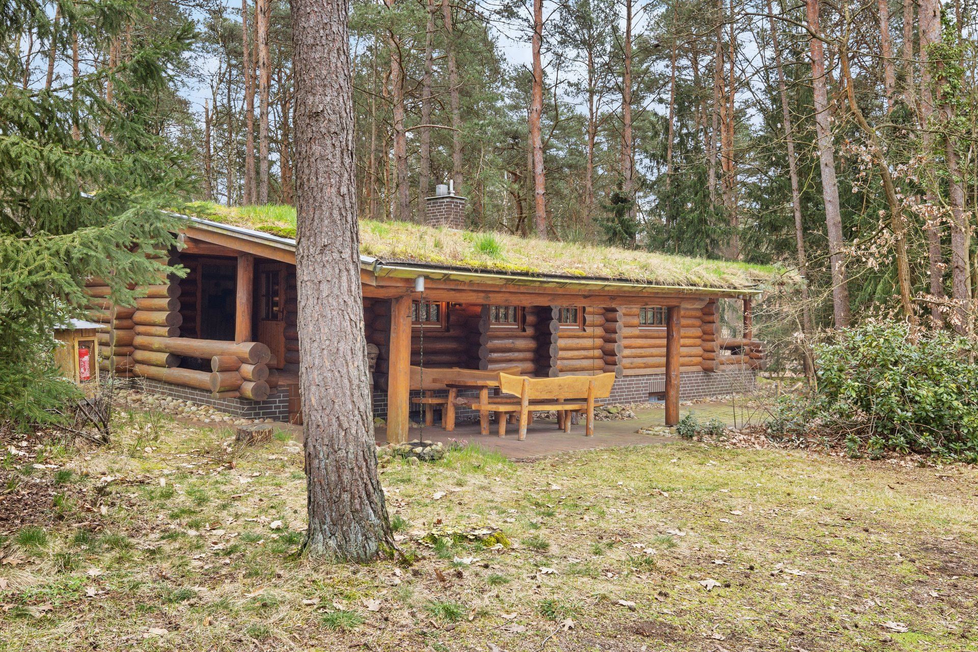Eine Blockhütte mit grünem Dach mitten in einem Wald.